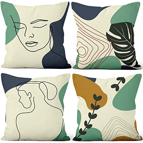 Aoihrraan Kissenbezüge 4er Set, Abstrakte Minimalistische Boho Mann Gesicht Frau Körperlinie Weicher Kurzer Plüsch Quadrat Kissenbezug für Sofa Couch Schlafzimmer Auto Stuhl Wohnkultur 45x45cm von Aoihrraan