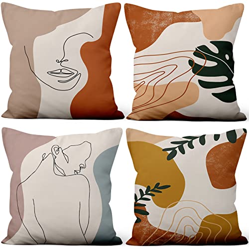 Aoihrraan Kissenbezüge 4er Set, Abstrakte Minimalistische Dekokissenbezüge Mann Gesicht Frau Körperlinie Blätter Weicher Kurzer Plüsch Quadrat Kissenbezug Sofa Couch 50x50cm (Verblasster Retro Stil) von Aoihrraan