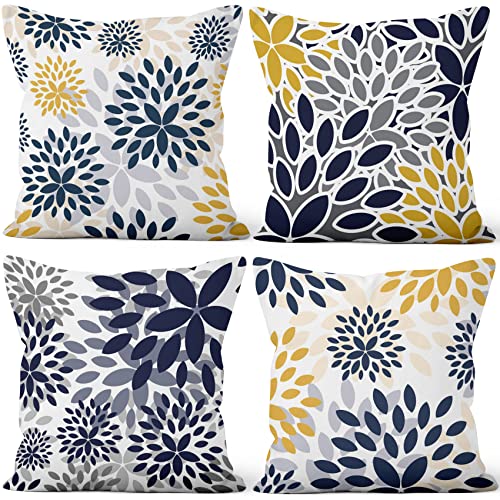 Aoihrraan Kissenbezüge 4er Set, Boho Blumenwurf Kissenbezüge Blaue Und Gelbe Blume Weicher Kurzer Plüsch Quadrat Kissenbezug für Sofa Couch Schlafzimmer Auto Stuhl Wohnkultur 40x40cm von Aoihrraan