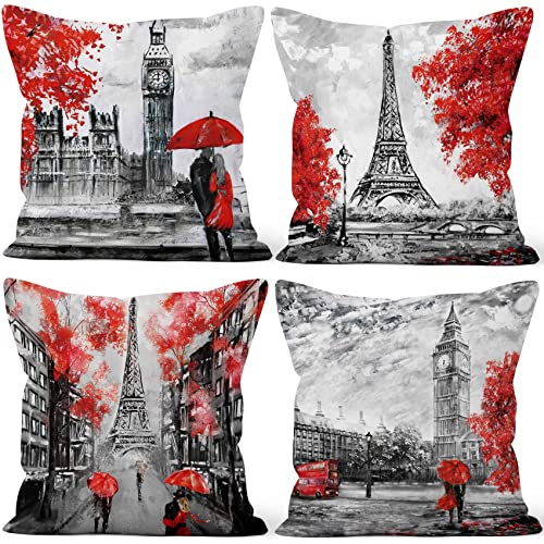 Aoihrraan Kissenbezüge 4er Set, Eiffelturm Big Ben Muster Wurfs Kissen Abdeckungs Roter Romantischer Baum Regenschirm Weicher Kurzer Plüsch Quadrat Kissenbezug für Couch Auto Stuhl Wohnkultur 40x40cm von Aoihrraan