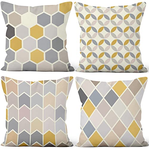 Aoihrraan Kissenbezüge 4er Set, Minimalistische Kissenbezüge Gelb Grau Moderne Geometrische Form Weicher Kurzer Plüsch Quadrat Kissenbezug für Sofa Couch Schlafzimmer Auto Stuhl Wohnkultur 50x50cm von Aoihrraan