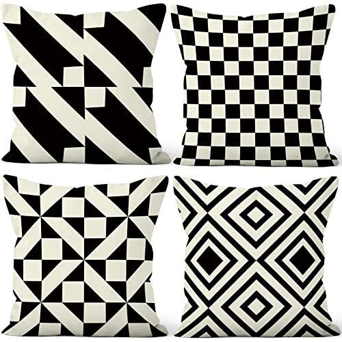 Aoihrraan Kissenbezüge 4er Set, Schwarz Weiß Geometrie Wurfkissenbezüge Minimalistisch Symmetrisch Weicher Kurzer Plüsch Quadrat Kissenbezug für Sofa Couch Schlafzimmer Auto Stuhl Wohnkultur 40x40cm von Aoihrraan