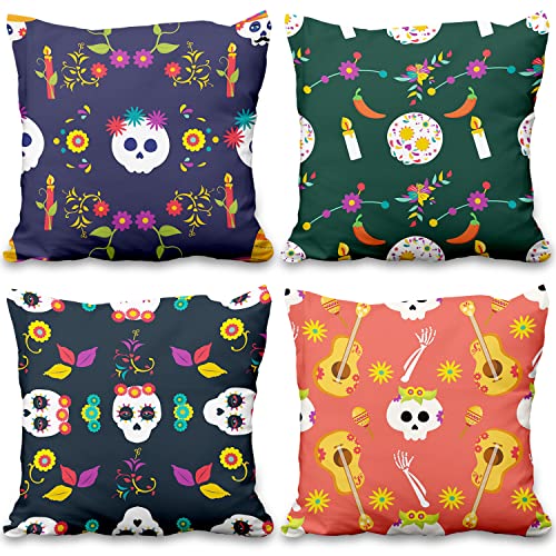 Aoihrraan Mexikaner Blumen Schädel Kissenbezug 40x40cm 4er Set, Dekorativ Tag Der Toten Ethnisch Blumen Skelett Weicher Kurzer Plüsch Quadratischer Kissenhülle Wohnzimmer Draussen Sofa Kissenhülle von Aoihrraan