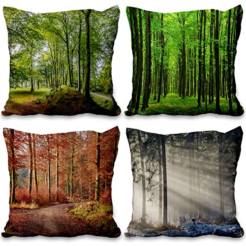 Aoihrraan Waldweg Kissenbezug 46x46cm 4er Set, Vier Jahreszeiten Natur Szene Landschaft Zierkissenbezug Couchkissen Dekokissen Bauernhaus Wohnzimmer Schlafzimmer Draussen Garten Sofa Kissen Bezug von Aoihrraan