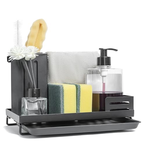 Aoipend Spülbecken Organizer Schwarz Küchen Spüle Sink Organizer, Spülorganizer Edelstahl Schwammhalter Spüllappenhalter Lappenhalter mit Abflusspfanne, Schwamm Bürste Seifenschale von Aoipend