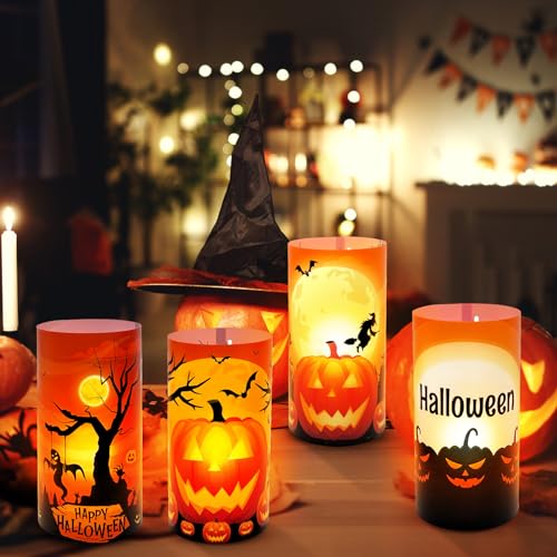 8 Windlicht Tischdeko Halloween Deko Tisch,Windlichter mit Kürbis, Fledermaus, Hexe und Spinnennetz Für drinnen und draußen, ideal für Kindergeburtstagspartys,Gartenfeste und Teelichter oder Kerzen von Aoiuenok