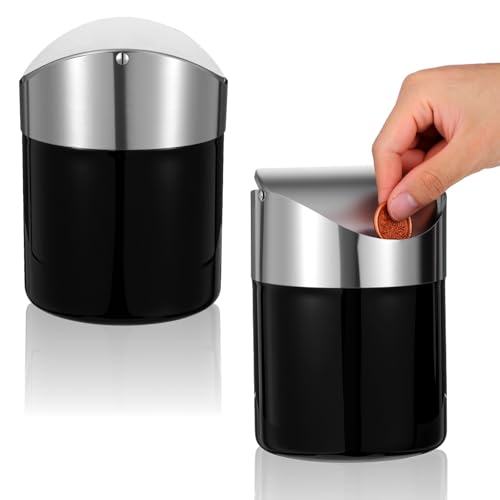 AojSup Set mit 2 kleinen Mülleimern mit Schwingdeckel – schwarzer Mini-Mülleimer aus Edelstahl mit Deckel, kompakt, 12 x 12 x 16 cm, für Büro, Bad und Küche von AojSup