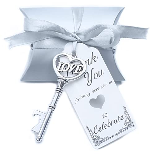 Aokbean 50 Stück Skelett LOVE Schlüssel Flaschenöffner Kissen Candy Box Escort Danke Tag Band Hochzeit Gastgeschenke Souvenir Geschenk für Gäste Bulk (Antik-Silber) von Aokbean