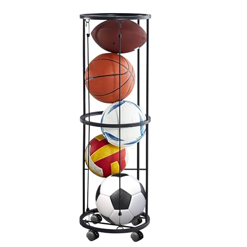 Aolawco 2 Tier Ballständer mit Rollen Sparende Abnehmbare Stehend Ballhalter, Garage Ball Aufbewahrung Sports Storage für Volleyball Fußball Basketball Ballhalterung Wand Storage (Schwarz) von Aolawco
