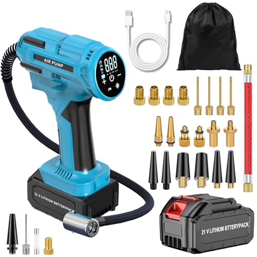 Aolawco Akku Kompressor für Makita Akku mit 21-Teiliges Aufblasbares Set & 7500mAh Batterien, Tragbare Elektrische Luftpumpe, Luftpumpe für Fahrrad/Auto/Ball 150PSI, Auto-Off Funktion, LED Lampe von Aolawco