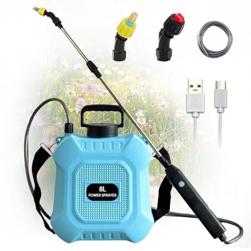 Aolawco Drucksprüher 8 Liter, Akku Gartenspritze mit 2 Verstellbaren Düsen, USB-aufladbarer Griff, Einziehbarer Stab, Verstellbarer Schultergurt, Elektrischer Unkrautspritze für Rasen, Garten von Aolawco