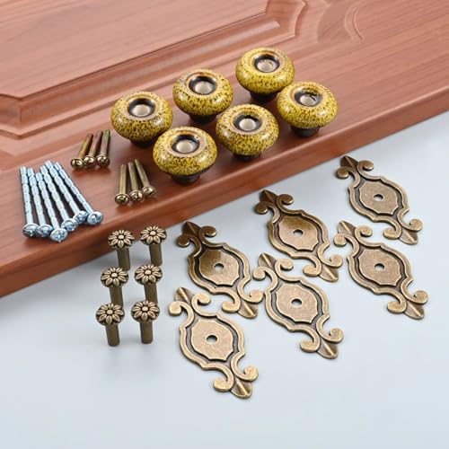 Aoleegatt 6 Stück Keramik-Schrankknöpfe mit antiker Bronze-Rückplatte,dekorative Schubladenknöpfe,Zuggriffe Schrankschränke mit Schrauben (gelb) von Aoleegatt
