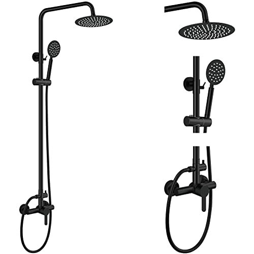 Aolemi Außendusche Wasserhahn Mattschwarz SUS304 Duscharmatur Combo Set Edelstahl 20,3 cm Regenduschkopf Kit Einhandgriff Hochdruck-Handbrause Wandhalterung 2 Doppelfunktion Einzelgriff von Aolemi
