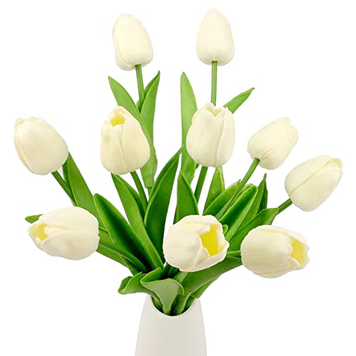 Aoleytech 10 Stück künstliche Tulpen, fühlen sich echt an, Tulpenstrauß, künstliche Seide, Tulpen, Kunststoffblumen für Zuhause, Garten, Hochzeit, Party, Tischdekoration, Innendekoration (milchweiß) von Aoleytech