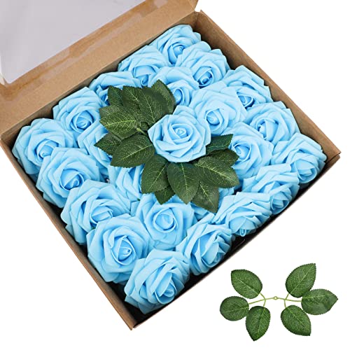 Aoleytech Künstliche Blumenrosen, 50 Real Touch Fake Foam Rosen, Hochzeitsdekorationen, Brautstrauß, Valentinstag, Muttertag, Babyparty (Blau) von Aoleytech