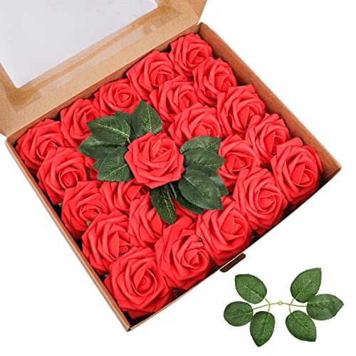 Aoleytech Künstliche Blumenrosen, 50 Real Touch Fake Foam Rosen, Hochzeitsdekorationen, Brautstrauß, Valentinstag, Muttertag, Babyparty (Rot) von Aoleytech