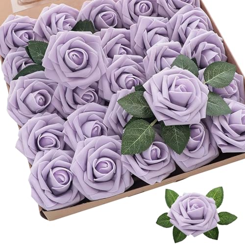 Aolytech Künstliche Blumen Rosen, 51 Real Touch Gefälschte Schaumrosen Hochzeit Dekorationen Brautstrauß Valentinstag Muttertag Babyparty (Helllila) von Aoleytech