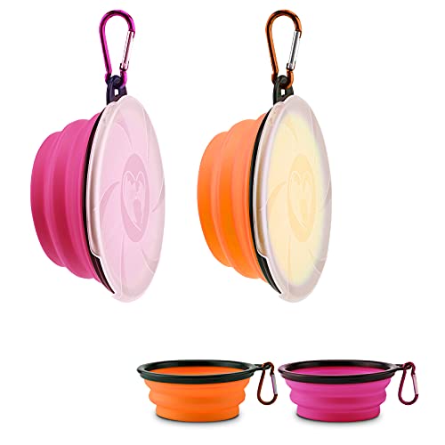 Aoliandatong 2 Stück Hundenapf Faltbar, Haustier Reisenapf mit Deckel und Haken, Tragbare Silikon Fressnapf, Hundeschüssel für Reise Spaziergänge Zwinger Camping(450ml, Orange und Pink) von Aoliandatong