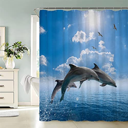 Aolity Delfin Möwe Duschvorhang 180x180 Leben Im Meer Badezimmer Vorhänge Waschbar Badvorhang Wasserdicht Anti-schimmel Badvorhang with 12 Hooks Duschvorhang fuir Badewanne von Aolity