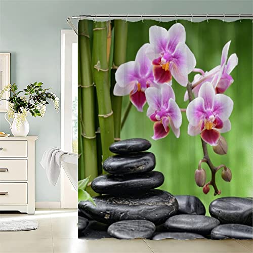 Aolity Duschvorhang 120x180 Kinder Duschvorhang Anti-schimmel 3D Motiv Zen Und Orchideen Duschvorhang mit 12 Duschvorhangringen, Zen-Stein Und Bambus Wasserabweisend Bad Vorhäng Lustig von Aolity