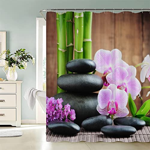 Aolity Duschvorhang 200x200 Zen-Spa Badezimmer Vorhänge Zen-Steine Und Orchideen Duschvorhang mit Gewicht Saum Stoff Waschbar Polyester Duschvorhänge Textil von Aolity