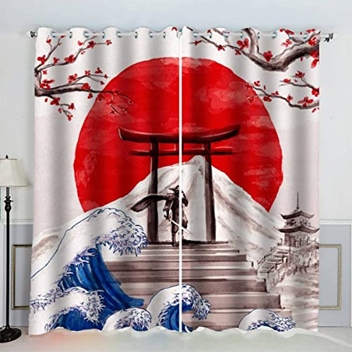 Aolity Gardinen Japanische Kunst Vorhänge Ösen 2 Stück Japanischer Stil Sakura-rote Sonne Vorhang Schlafzimmer Geräuschreduzierung 3D Drucken Luxus Hochwertig Abdunklungsvorhänge 220 x 215 cm BxH von Aolity