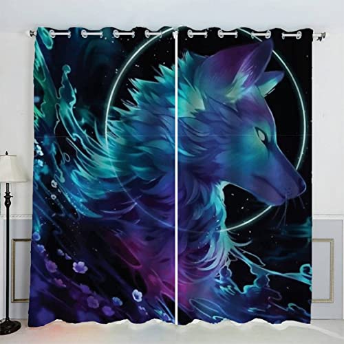 Aolity Vorhänge Ösen Gardinen Wolf Verdunklungsvorhänge Wohnzimmer Schlafzimmer Kinderzimmer Mädchen Jungen Fantasietiere Vorhänge Blickdicht 140 x 160 cm (BxH) von Aolity