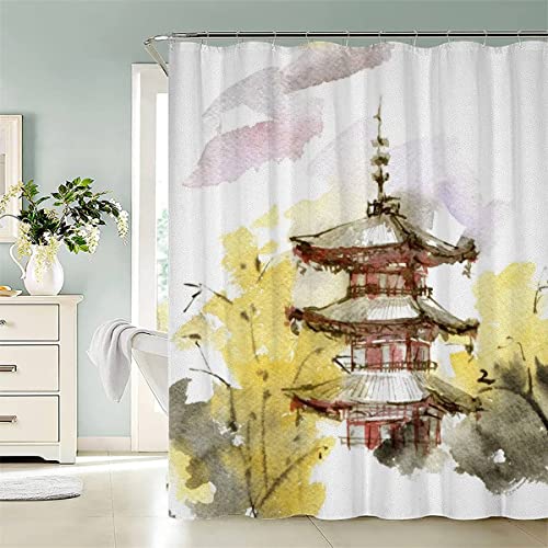 Duschvorhang 180x200 Japanischer Stil , Anti-Bakteriell Duschvorhang Japanische Landschaftstintenkunst Schwer Stoff Polyester Badezimmer Duschvorhang Textil Waschbar Anti-schimmel Bad Vorhäng von Aolity