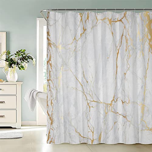 Duschvorhang 200x200 Marmor Badezimmer Vorhänge Goldene Textur Duschvorhang mit Gewicht Saum Stoff Waschbar Polyester Duschvorhänge Textil von Aolity