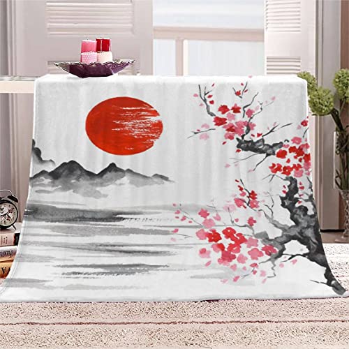 Japanischer Stil Kuscheldecke 180x220 cm Flanelldecke Sakura Rote Sonne flauschig Warme Microfaser Blanket Groß Tagesdecke Decke für Sofa und Bett Hochwertige Decke Sommer von Aolity