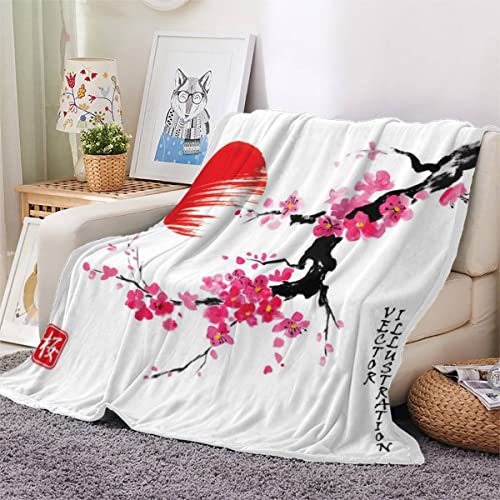 Japanischer Stil Kuscheldecke 180x220 cm Flanelldecke Sakura Rote Sonne flauschig Warme Microfaser Blanket Groß Tagesdecke Decke für Sofa und Bett Hochwertige Decke Sommer von Aolity