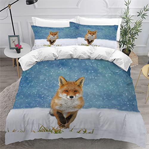 Kinderbettwäsche 135x200 Jungen Mädchen, Sommerbettwäsche Set Schneeroter Fuchs Mikrofaser/Allergiker-Bettwäsche 3 Stück Winterliche Tierwelt Bettbezug Set mit 2 Kissenbezüge 80 x80 von Aolity