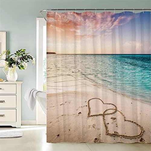 Lang Duschvorhang 240x200 Strandtag Am Meer Zwei Herzen Duschvorhänge Extra Breit Bathroom Waschbar Anti Schimmel Duschvorhang Weiß Schwarz Grau Grün Bunt von Aolity