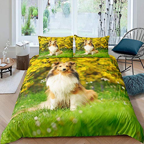 3D Bettwäsche Set Heimtextilien 2 / 3pcs Green Grassland Collie Hundedruck Bettbezug Set und Kissenbezug 135cm * 200cm von Aolomp