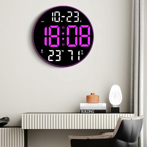 Aolyty Digitale LED-Wanduhr, 30,5 cm, bunter Schreibtischwecker mit einstellbarer Helligkeit, Nachttischuhr mit Temperatur- und Feuchtigkeitsanzeige, Fernbedienung (Rose) von Aolyty