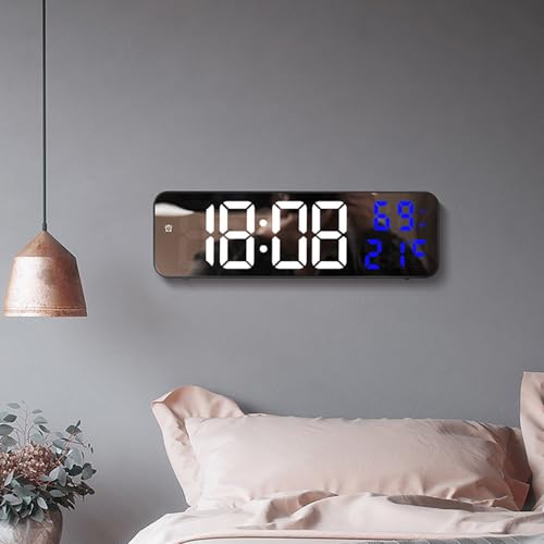 Aolyty LED Digitale Wanduhr, Tischwecker Großes Display, Schreibtisch Spiegeluhr mit Einstellbarer Helligkeit Temperatur Datum Luftfeuchtigkeit Anzeige (Weiß Blau) von Aolyty