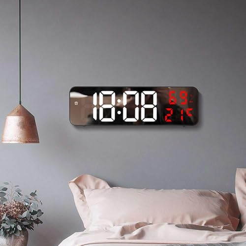 Aolyty LED Wanduhr, Digitaler Wecker mit Einstellbarer Helligkeit, Großer Bildschirm Nachttischspiegel Uhr mit Temperatur Datum Luftfeuchtigkeit Anzeige (Weiß Rot) von Aolyty