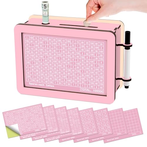 Sparbox mit Zahlen Ankreuzen Spardose Holz Spardose Erwachsene mit 8 Marker Aufklebern Wiederverwendbare Geldkassette Geldsparbox Sparschwein aus Holz für Erwachsene mit Sparziel von Aomaic