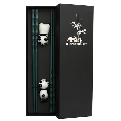 Aomhrek Essstäbchen Set, 2 Paar Chinesische Essstäbchen Spülmaschinenfest mit Panda Halter, Sushi Stäbchen zum Essen im Geschenkbox, Perfekt als Panda Geschenk (grünen) von Aomhrek