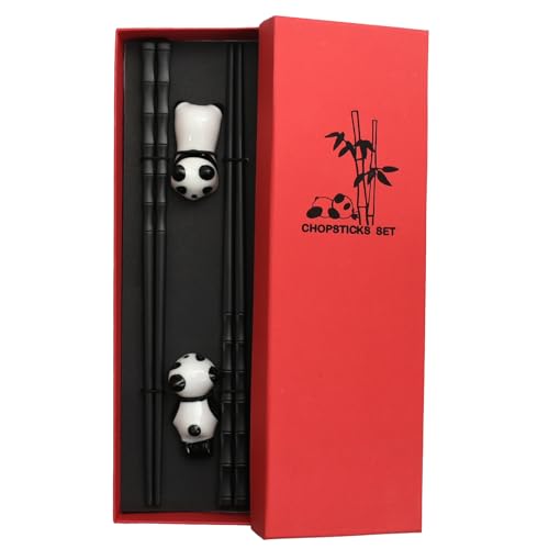 Aomhrek Essstäbchen Set, 2 Paar Chinesische Essstäbchen Spülmaschinenfest mit Panda Halter, Sushi Stäbchen zum Essen im Geschenkbox, Perfekt als Panda Geschenk (schwarzen) von Aomhrek