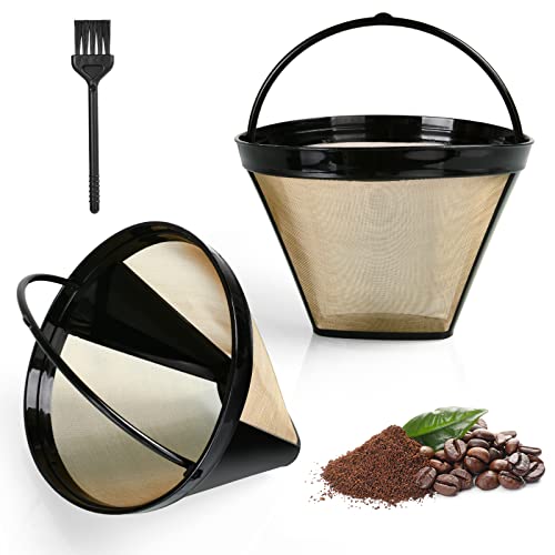 AOMIG Wiederverwendbar Kaffee Filter, 2 Stück Goldtonfilter Größe 4 mit Bürste, Kaffee Dauerfilter Edelstahl mit Griff, Permanentfilter Mesh Korb Waschbar für Kaffeemaschinen der Ninja CFP Serie von Aomig