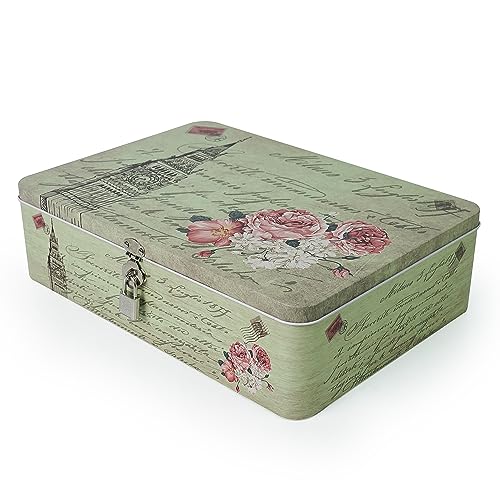 Aoneky Zinn Retro Aufbewahrungsbox mit Schloss, 30.4 x 22.8 x 8.2cm - Metalldose für Medikamente Postkarten Ordner von Aoneky