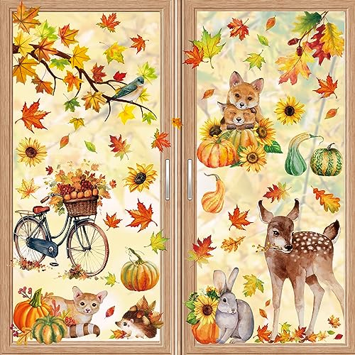 Aonveki 68 Stück Fensterbilder Herbst Selbstklebend, Thanksgiving Herbstdeko Fenster Aufkleber Ohne Kleber, Ahornblätter Kürbis Kleintiere Fensterdeko Herbst für Kinderzimmer Cafe von Aonveki