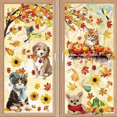 Aonveki 9 Blätter Fensterbilder Herbst Selbstklebend, Thanksgiving Herbstdeko Fenster Aufkleber Ohne Kleber, Ahornblätter Kürbis Kleintiere Fensterdeko Herbst für Kinderzimmer Cafe von Aonveki