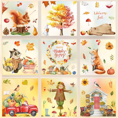 Aonveki Fensterbilder Herbst Selbstklebend, 9 Blätter Thanksgiving Herbstdeko Fenster Aufkleber Ohne Kleber, Ahornblätter Kürbis Kleintiere Fensterdeko Herbst für Kinderzimmer Haus Cafe von Aonveki