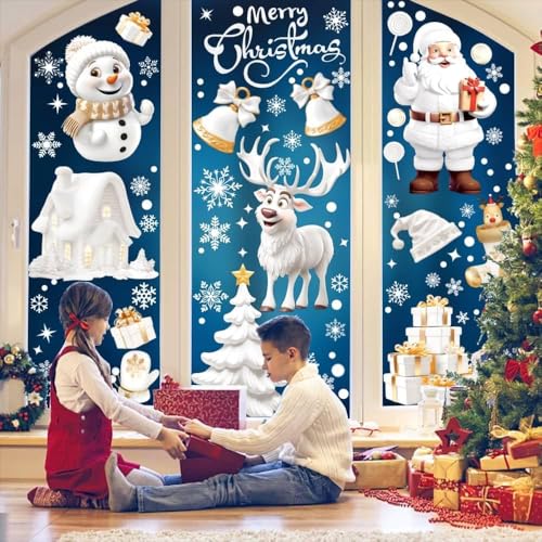 Aonveki Fensterbilder Weihnachten Selbstklebend, 9 Blatt 3D Weihnachts Fensterbilder Kinder, Weihnachtsdeko Fenster, Wiederverwendbare Winter Weihnachten Fenster Deko von Aonveki