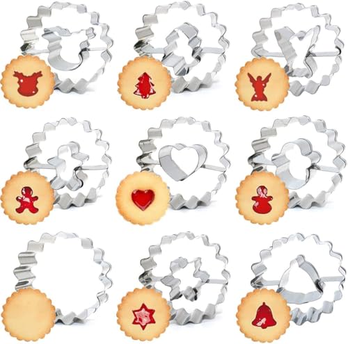 Aonveki Linzer Ausstecher Weihnachten, 9 Stück Plätzchenausstecher aus Edelstahl, Klein Ausstechformen Keksausstecher Weihnachten, Spitzbuben für Backform, Kekse und Fondant von Aonveki