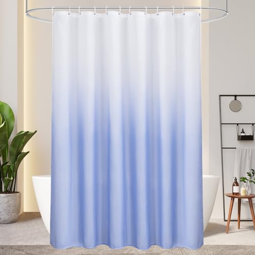 AooHome Duschvorhang 180X200cm Textil, Blau Duschvorhänge 120g/m² Farbverlauf Badvorhang Wasserdicht Waschbar Antischimmel mit 12 Duschvorhangringen(Weiß nach Blau) von AooHome
