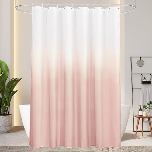 AooHome Duschvorhang 180X200cm Textil, Rosa Duschvorhänge 120g/m² Farbverlauf Badvorhang Wasserdicht Waschbar Antischimmel mit 12 Duschvorhangringen(Weiß nach Rosa) von AooHome