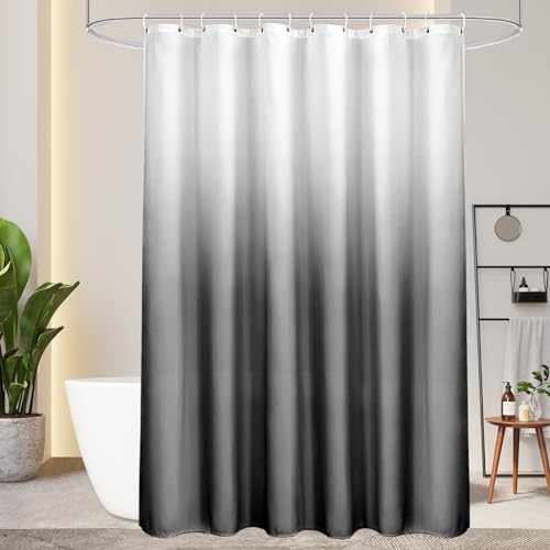 AooHome Duschvorhang 220X200cm Textil, Grau Duschvorhänge 120g/m² Farbverlauf Badvorhang Wasserdicht Waschbar Antischimmel mit 14 Duschvorhangringen(Weiß nach Schwarz) von AooHome